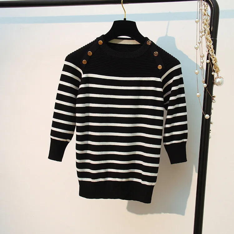 Quality Women Pullover Sweater Spring Autumn Half Sleeve Pullovers Button Decoration Striped Knitted Sweaters Female Tops D313 Quality Women Pullover Sweater Spring Autumn Half Sleeve Pullovers Button Decoration Striped Knitted Sweaters Female Tops D313