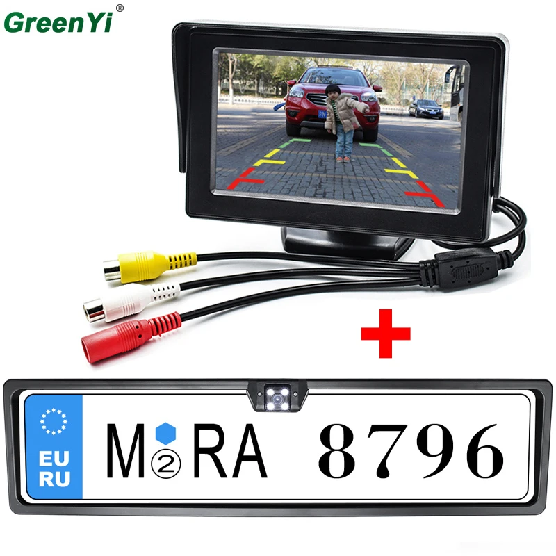Goedkoop Russan \\ Europese Nummerplaat Frame Achteruitrijcamera Auto Reverse Backup Parking Achteruitrijcamera + Achteruitkijkspiegel Monitor