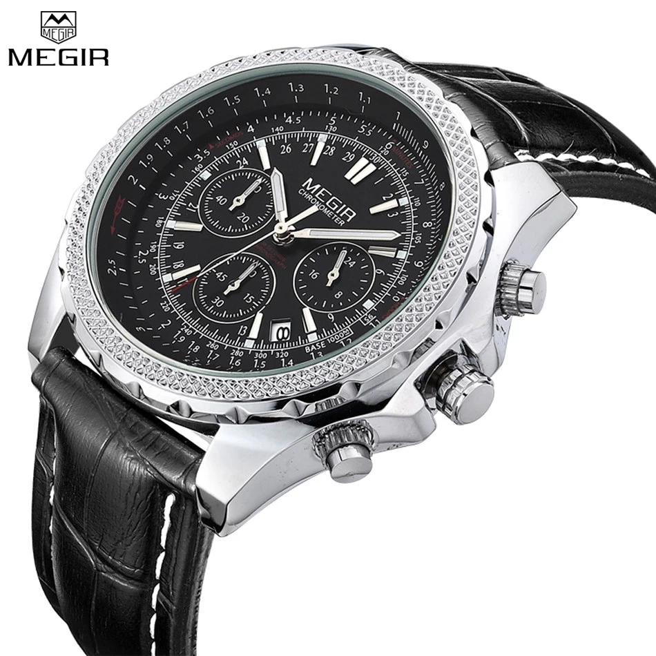 MEGIR Brand Men Sport Casual Male Watches Leather Strap Quartz Fashion Military Chronograph Watches Clock Relogio