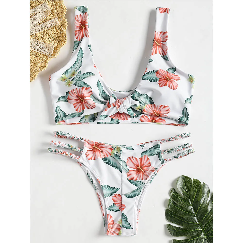 

Front Knotted Bikini Set 2018 Floral Braided Bikini High Cut Bikini Swimwear Sexy Bathing Suit Push Up Swimsuit Beach Wear