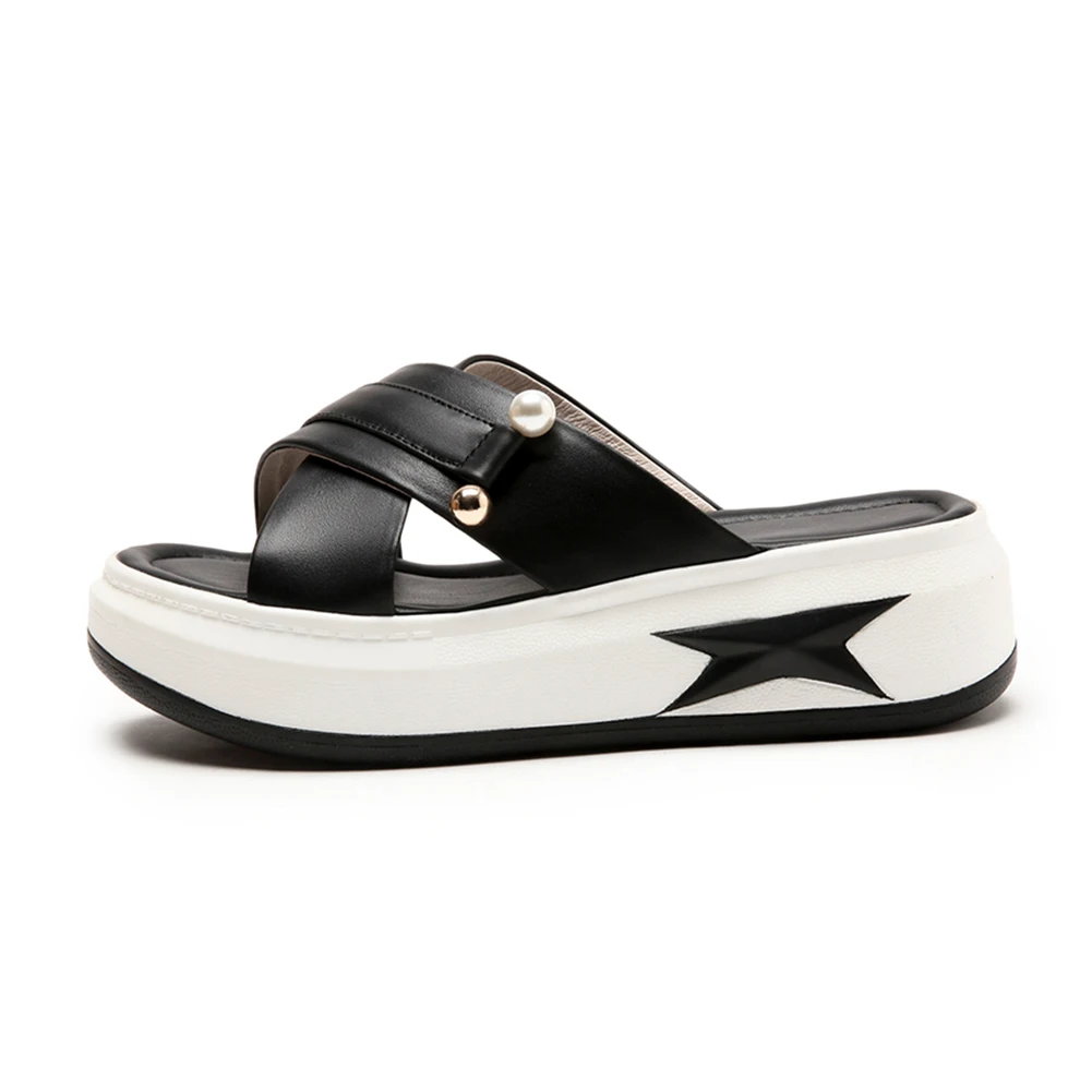Solide Véritable Pour Femme Grande Chaussures De Plate En Noir 33 Pantoufles Décoration blanc Nouveauté Femmes D'été 2019 43 Diapositives Taille forme Cuir Doratasia q8wpgtw