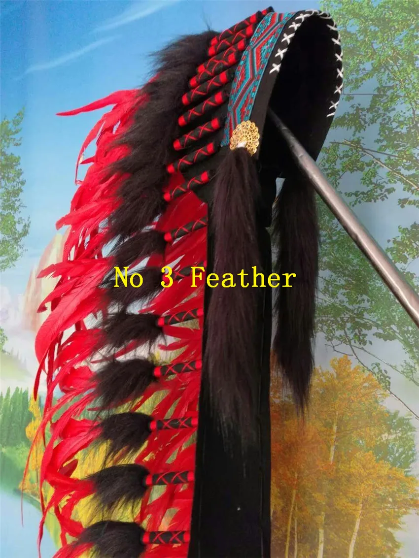 RED Indian Feather headdress handmade 36inch indian war