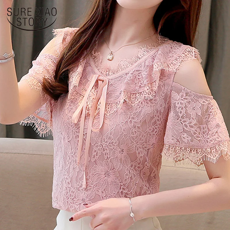 

fashion blouses woman 2019 off shoulder blouse women tops short sleeve summer women blouses V collar hollow Lace blouse 4394 50