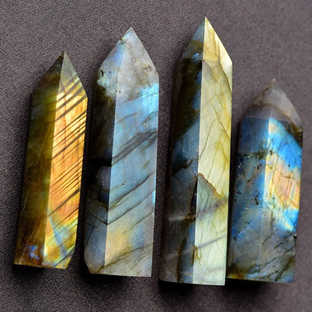 

1 Pcs Labradorite Moonstone Quartz Crystal Stone Rhinestone Point Healing Hexagonal Wand Home Decor