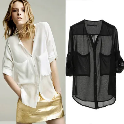 Women Collarless Button-front See-through Long Sleeve Chiffon Shirts Blouse Tops |