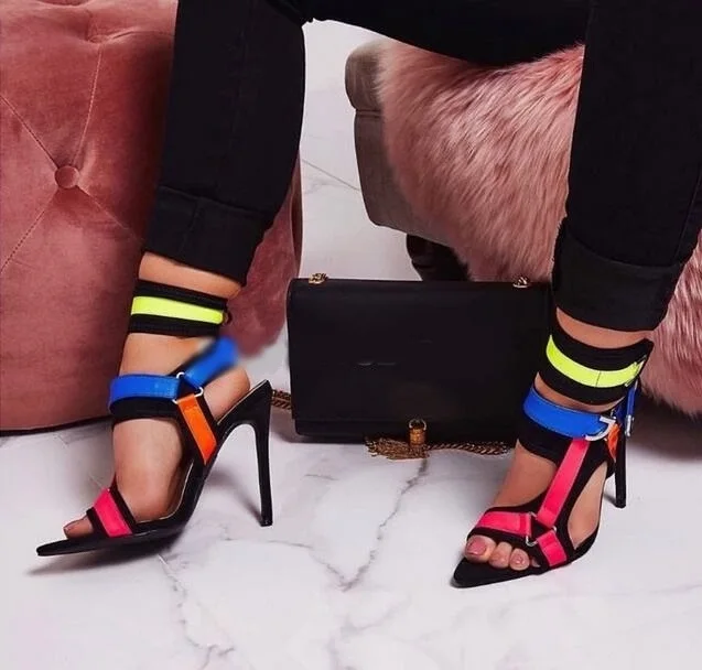 

2019 Newest Multi-color High Heel Sandals Metal Decoration Buckle Strap Shoes Cross Strappy Gladiator Sandals Shoes