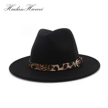 Унисекс леопарда Джаз фетровая шляпа Для мужчин Для женщин обычного войлока Шапки плоские края Панама шляпа кожа пряжки украшены черный 12 цвет