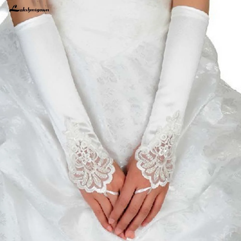 In Stock Elbow Length Bridal Gloves Fingerless Lace Satin Wedding