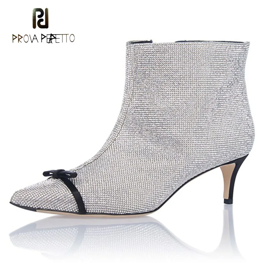 

Prova Perfetto bling full crystal ankle boots for women rhinestone bowtie decor kitten heel short boot slip on shiny winter shoe