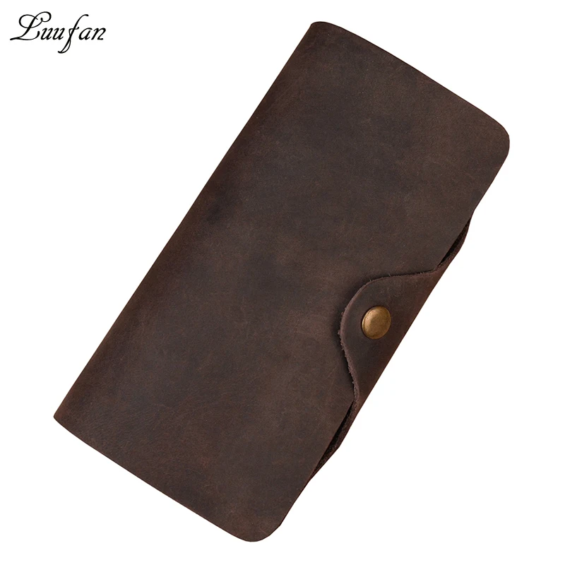 

Men's Crazy Horse Leather Long Wallet Brown Real leather Trifold clutch snap purse Hasp purse with Phone pocket and coin pocket