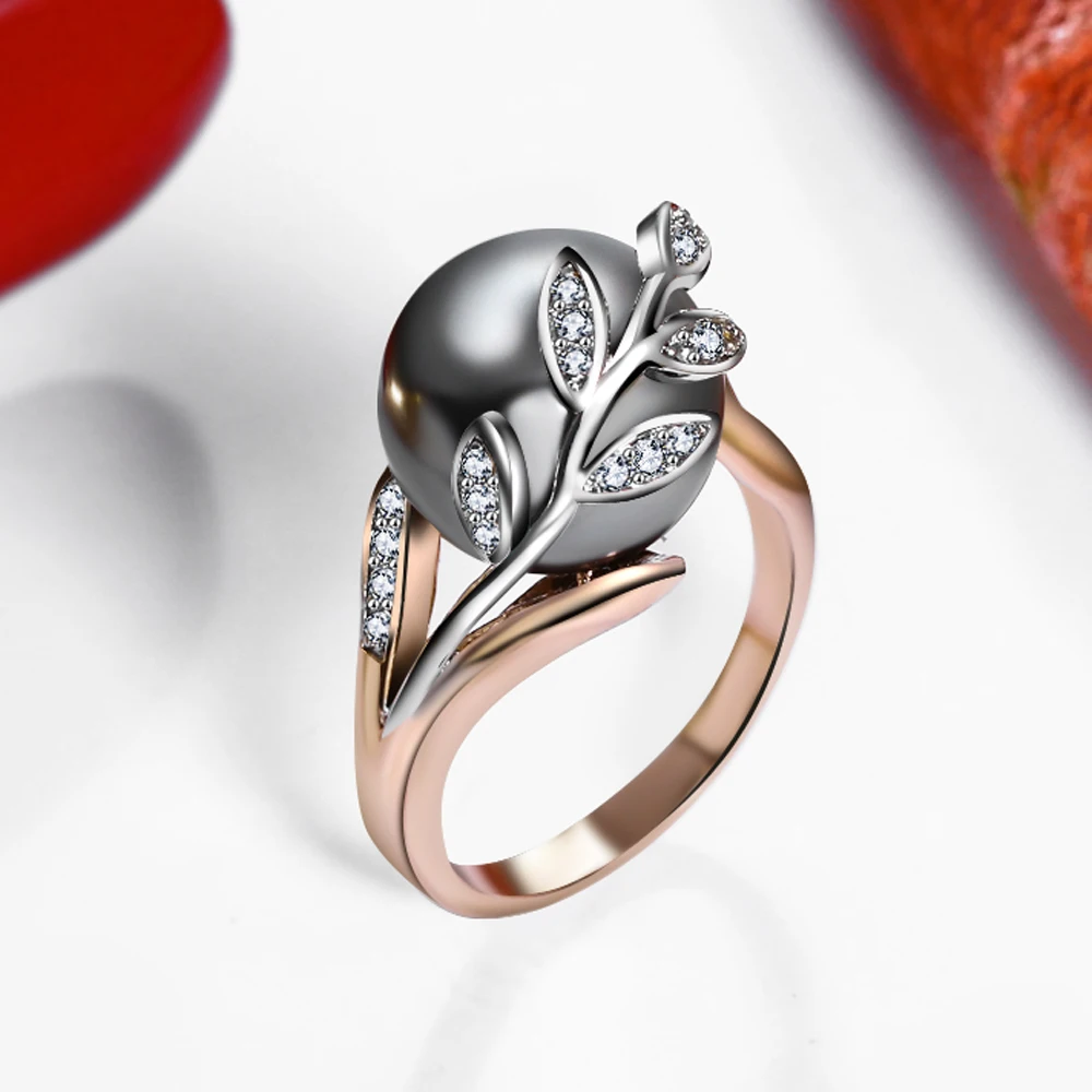 Rose ring with Gray Pearl for women Leaf Trendy jewellery dropshipping anel anillos aneis bagues femme statement jewelry