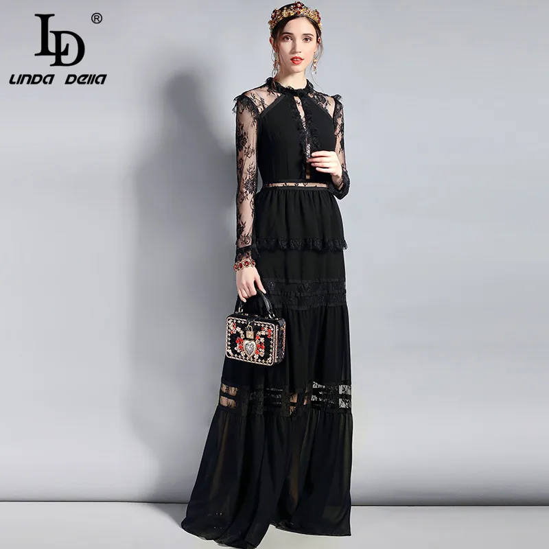 

LD LINDA DELLA Fashion Designer Long Party Dress Women's Long Sleeve Vintage Lace Hollow out Patchwork Maxi Black Dress