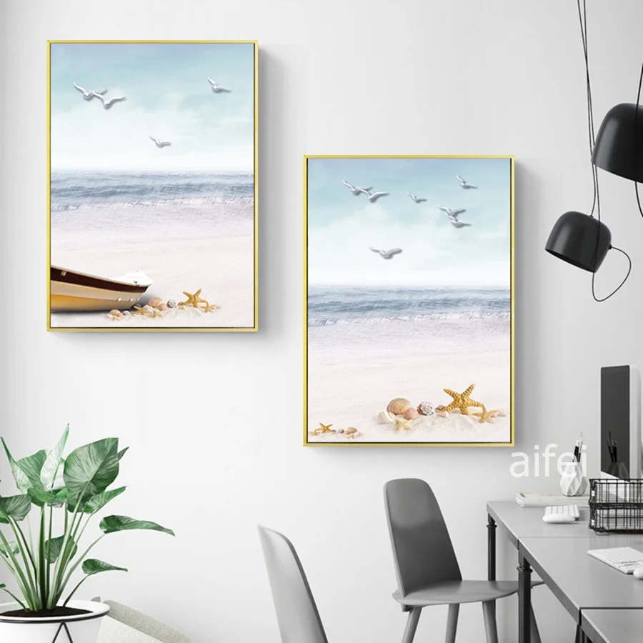 Nordic Seascape Poster Rinfrescante Azzurro Gabbiano Beach Scenery Painting Fashion Home Decoration Canvas Art Wall Pictures