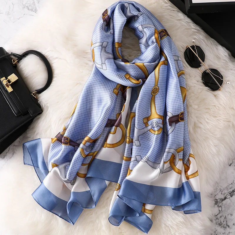 

Silk Scarf Women Blue Brand Design Summer Autumn Spring Soft Long Scarf Female Beach See Scarf Sunscreen 180*90cm