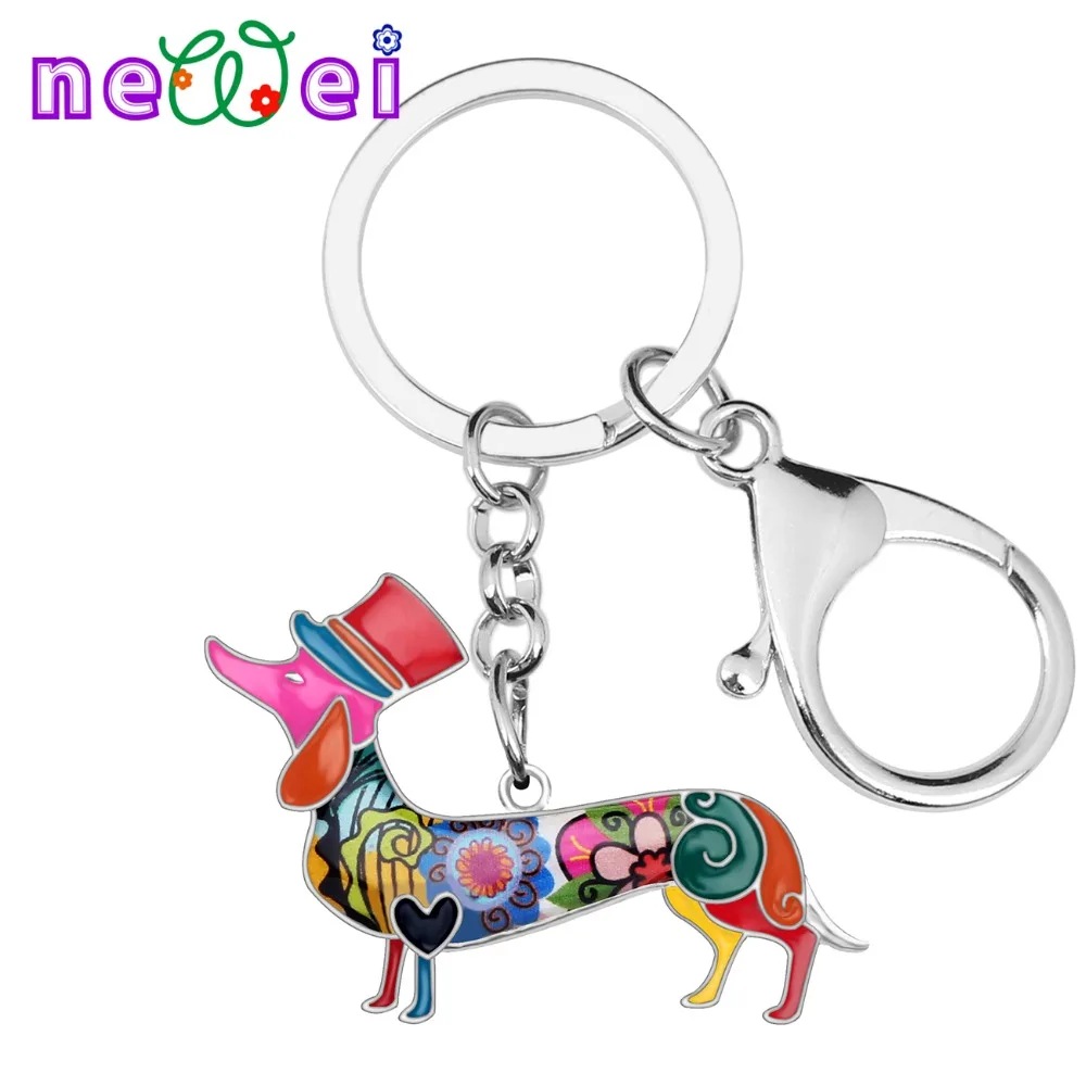 

NEWEI Metal Alloy Elegant Hat Dachshund Dog Key Chains Keychain Keyrings Enamel Pendant Jewelry For Women Girls Bag Car Charms