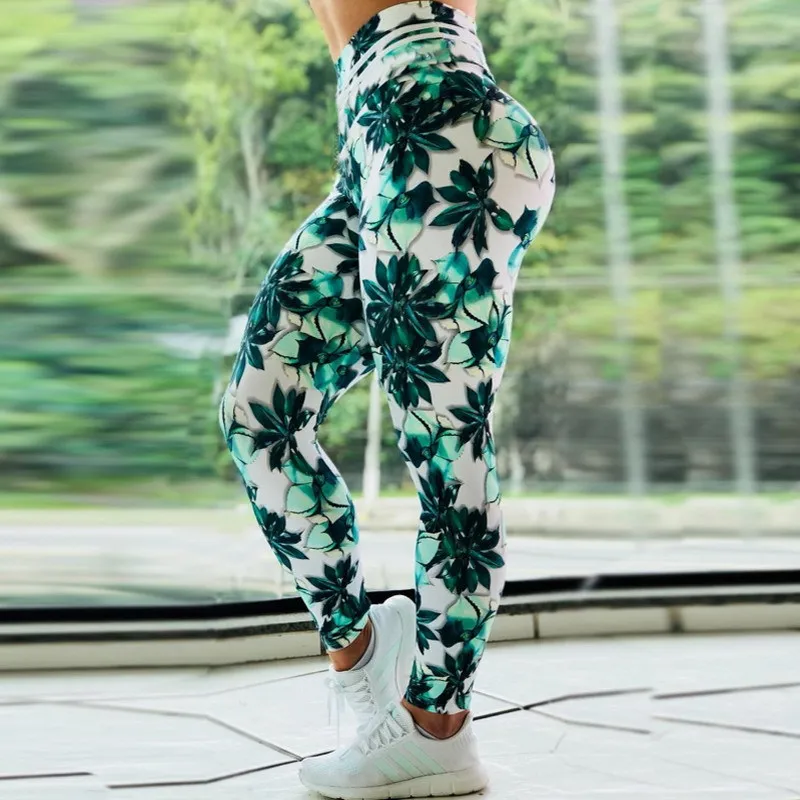 Печатные зеленые листья цветы штаны для йоги рисунком пуш-ап тренажерный зал леггинсы для фитнеса выработать плотный Полиэстер Спортивные Леггинсы женские - Цвет: Зеленый