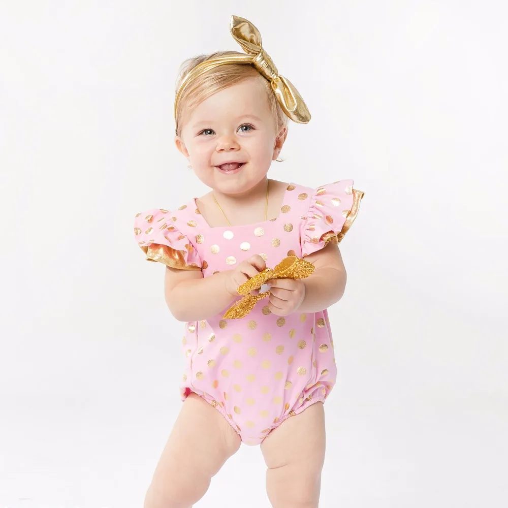 

Cute Baby rompers for girls clothes sleeveless Ruffles Gold Polka Dot Pink and Black baby girl clothes newborn baby girl clothes