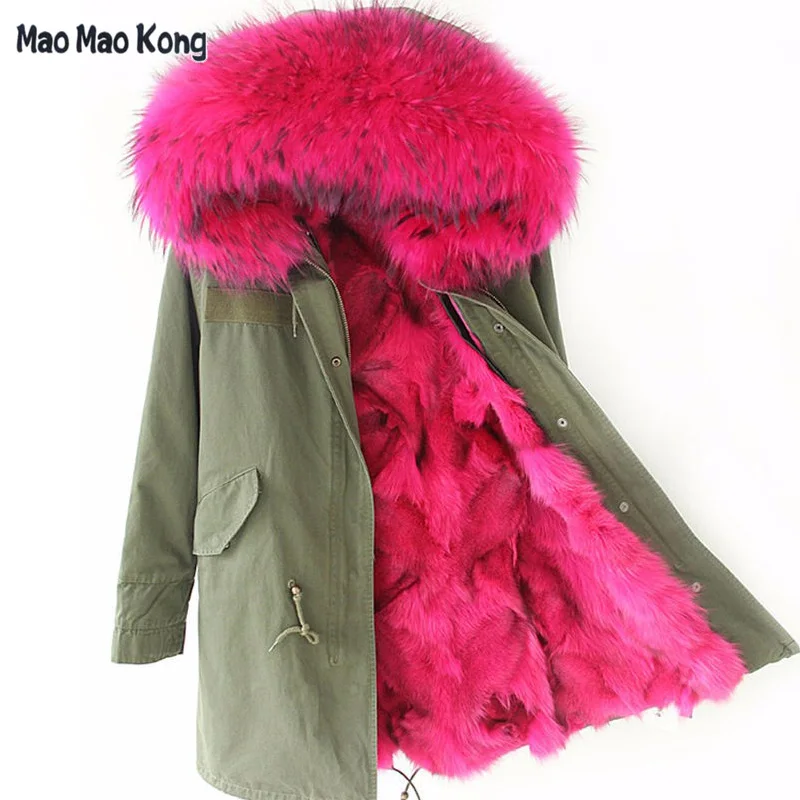 Модная зимняя женская куртка, пальто из натурального кроличьего меха, натуральный большой меховой воротник, свободная длинная парка, верхняя одежда, отстегивается