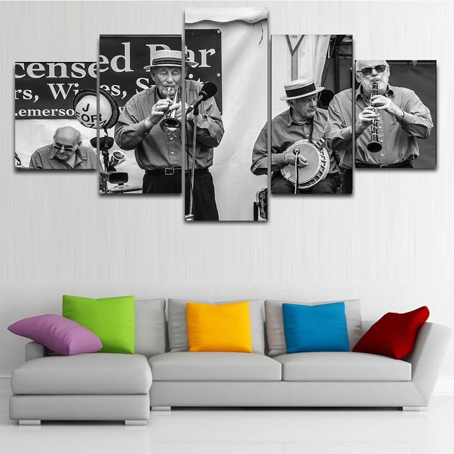 

People love music retro poster&prints 5 panels black and white canvas painting living room modular picture wall decor art mural
