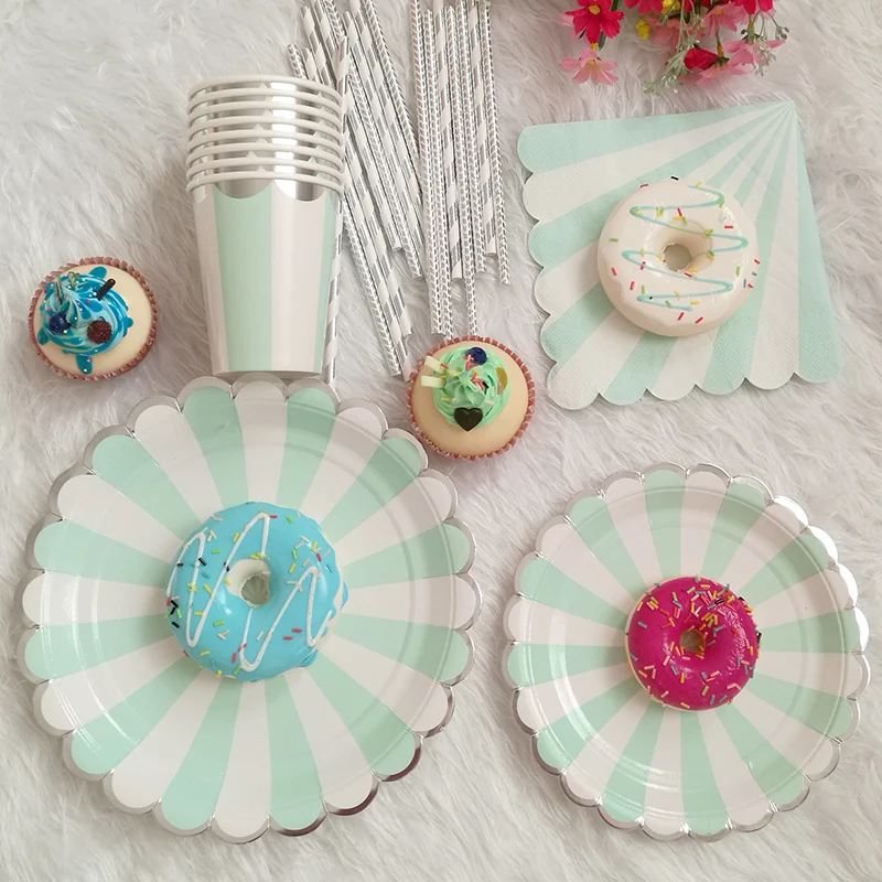 1-set-pink-green-paper-Striped-Tableware-Wedding-Birthday-disposable-Plates-Cups-Straws-Napkins-party-decorations