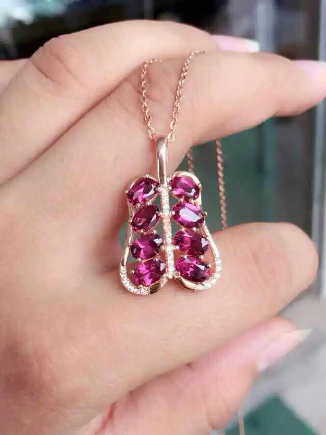 

Natural red garnet pendant S925 silver Natural Gemstone Pendant Necklace trendy elegant Long fan feather women wedding jewelry