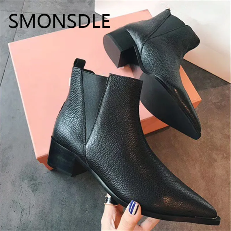 

SMONSDLE New Black Genuine Leather Women Boots Pointed Toe Slip On Thick Low Heel Women Autumn Winter Ankle Boots Shoes Woman