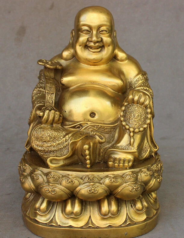

song voge gem S4201 9" Chinese Buddhism Brass RuYi Beads Happy Lucky Maitreya Lotus Seated Statue