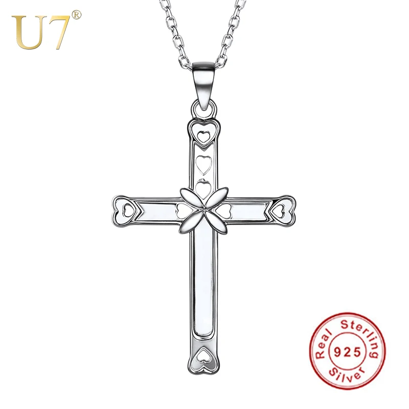 

U7 925 Sterling Silver Cross Pendant Necklace Dainty Heart Women Girls Her Religious Christian Cross Jewelry Christmas Gift SC05