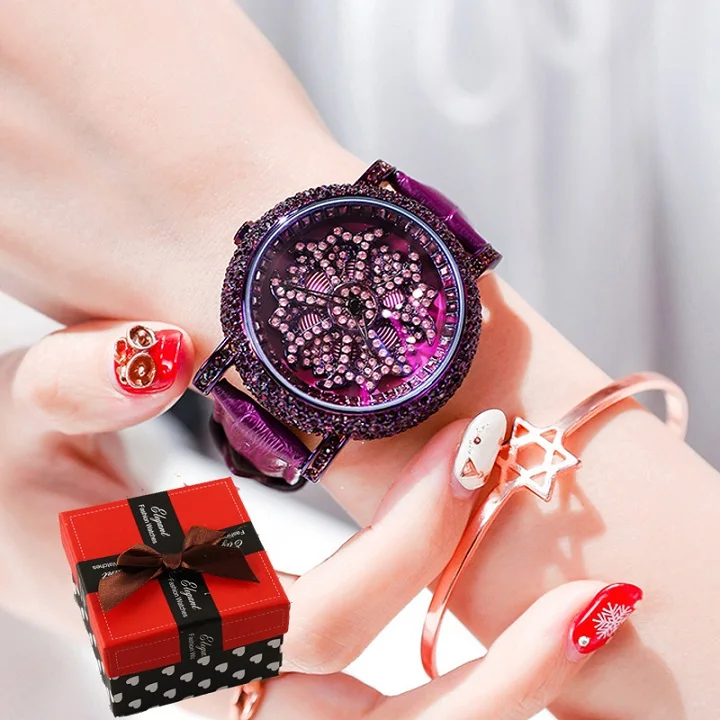 Женские часы с цветком и кристаллами, роскошные брендовые стразы, вращающийся циферблат, женские кварцевые часы, женские часы - Цвет: Purple With Box