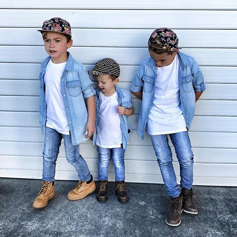 Новинка года; брендовая джинсовая рубашка для маленьких мальчиков футболка с длинными рукавами верхняя одежда повседневная одежда с карманами От 1 до 6 лет
