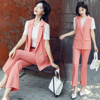 

Women's Sets women Double Breasted vest pant suits New formal business uniforms office Women sleeveless vest and pants two-piece