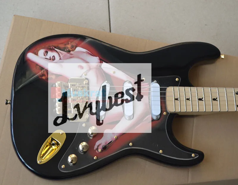 

Customized play-boy lvybest gutiar,customized to chrome parts,not gold.with woman decal on body top .double locking tremolo!
