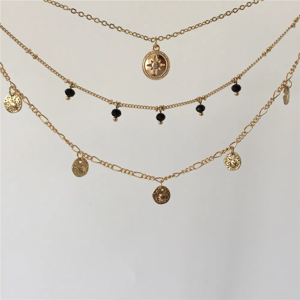 Золотой цвет богемы покрытие круглый диск Кулон Шарм многослойное ожерелье для женщин