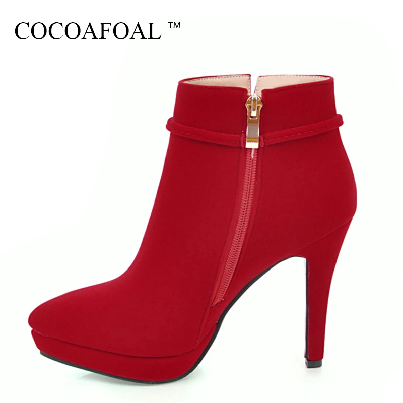 

COCOAFOAL Sexy Fashion Plus Size 33 43 Red High Heel Shoes Woman Black Metal Decoration Martin Boots Winter Crystal Ankle Boots