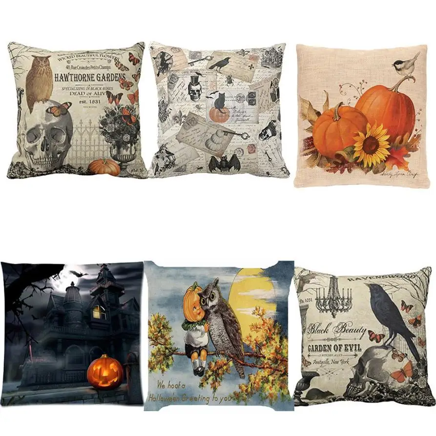 

Skull Owl Pumpkin Cushion Cover 2018 Halloween High Quality Cotton Linen Pillow Cover Car Sofa Throw Pillowcase #JN