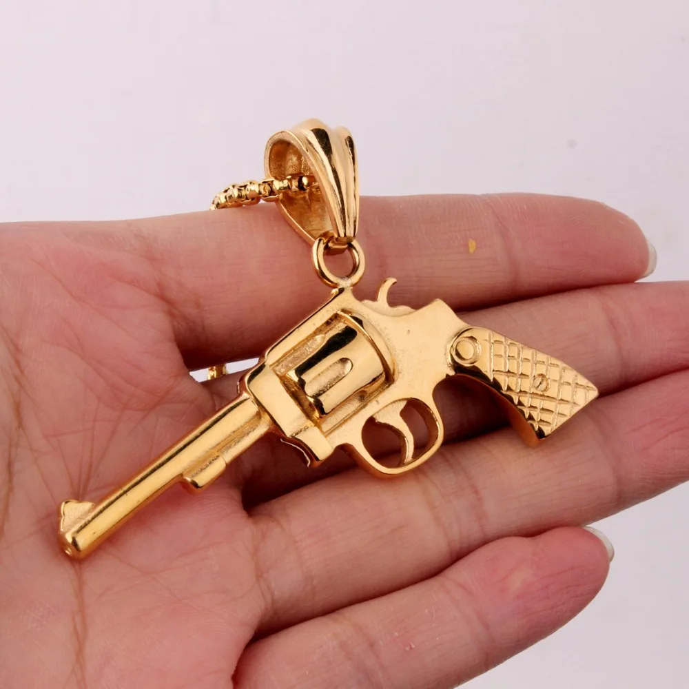 

Men's Chain Necklace Newest Gold Color Stainless Steel Revolver Gun Pendant Necklace&Collar Jewelry For Male Neck Box Choker