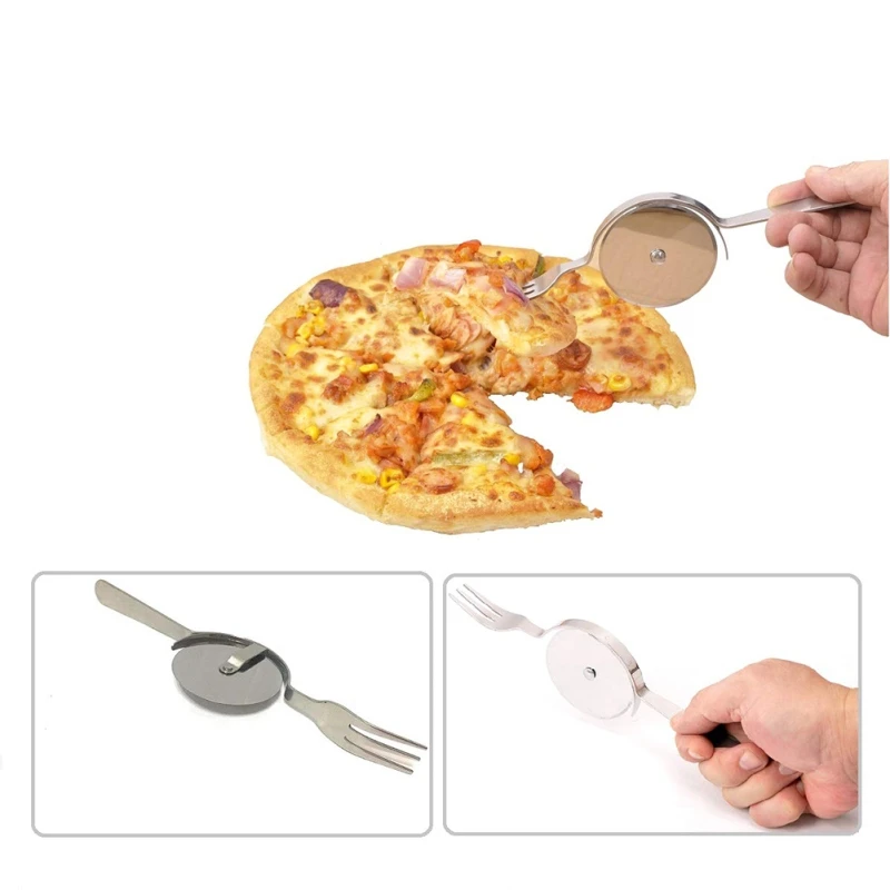 

Stainless Steel Cutter Pizza Knife Cake Tools With Fork Dual-use for Pizza, Pies, Waffles and Dough Cookies Portable