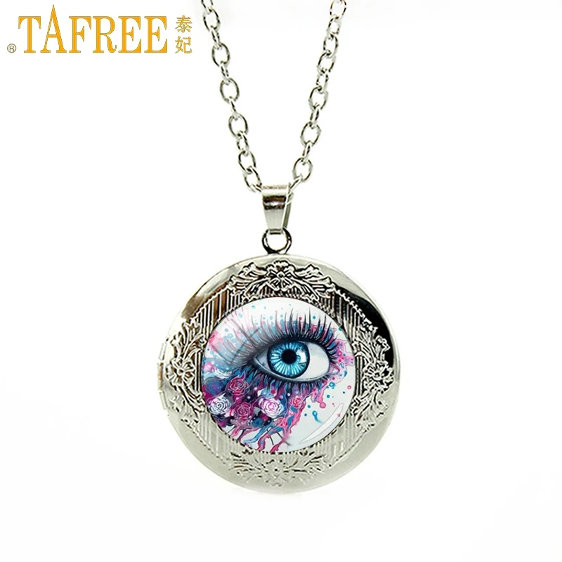 

TAFREE Charm Fashion Locket Necklace Beautiful Art Paint Eye Personality Glass Dome Decoration Pendant Women Chain Jewelry FQ713