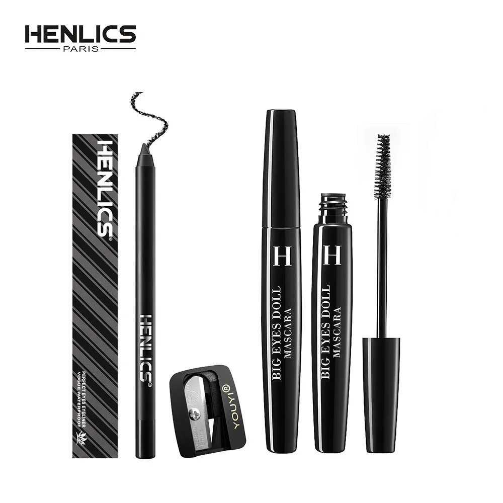 HENLICS набор для макияжа глаз Тушь + Черный Eye Liner Pencil Make Up Brush Tool 24 часа Долгое