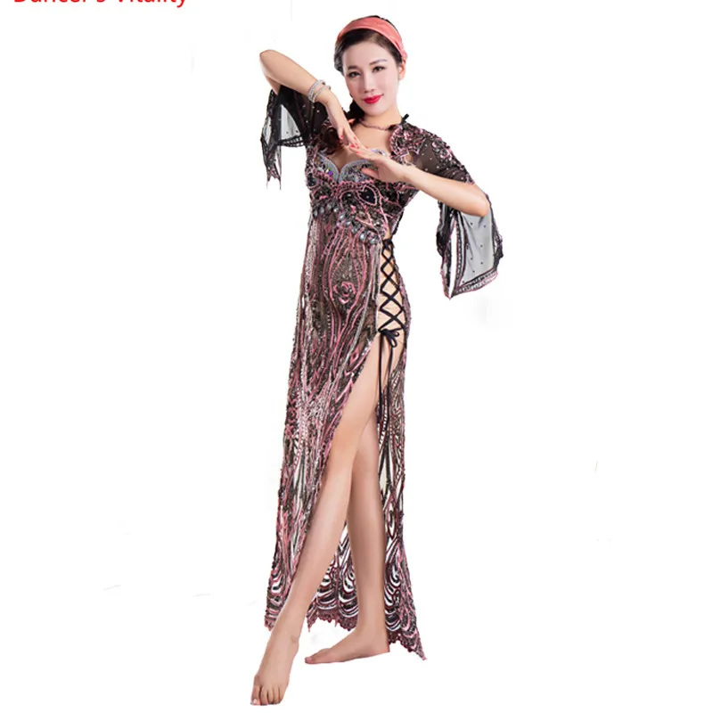 Одежда для танца живота в индивидуальном стиле, 4 шт.(головной убор+ бюстгальтер+ платье+ трусы), сценическая одежда для танца живота, костюм для бальных танцев