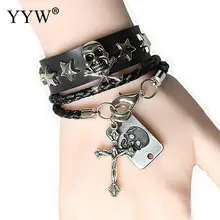 Модные черные панк-подвеска, кожаные браслеты и браслеты, многослойный Плетеный череп и напульсник с именем знаменитости мужские ювелирные изделия браслеты