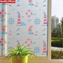 Дешевая синяя Морская Лодка и Маяк Электростатическая пленка «замороженное стекло» Ванная комната для детей детский сад Непрозрачное окно наклейки