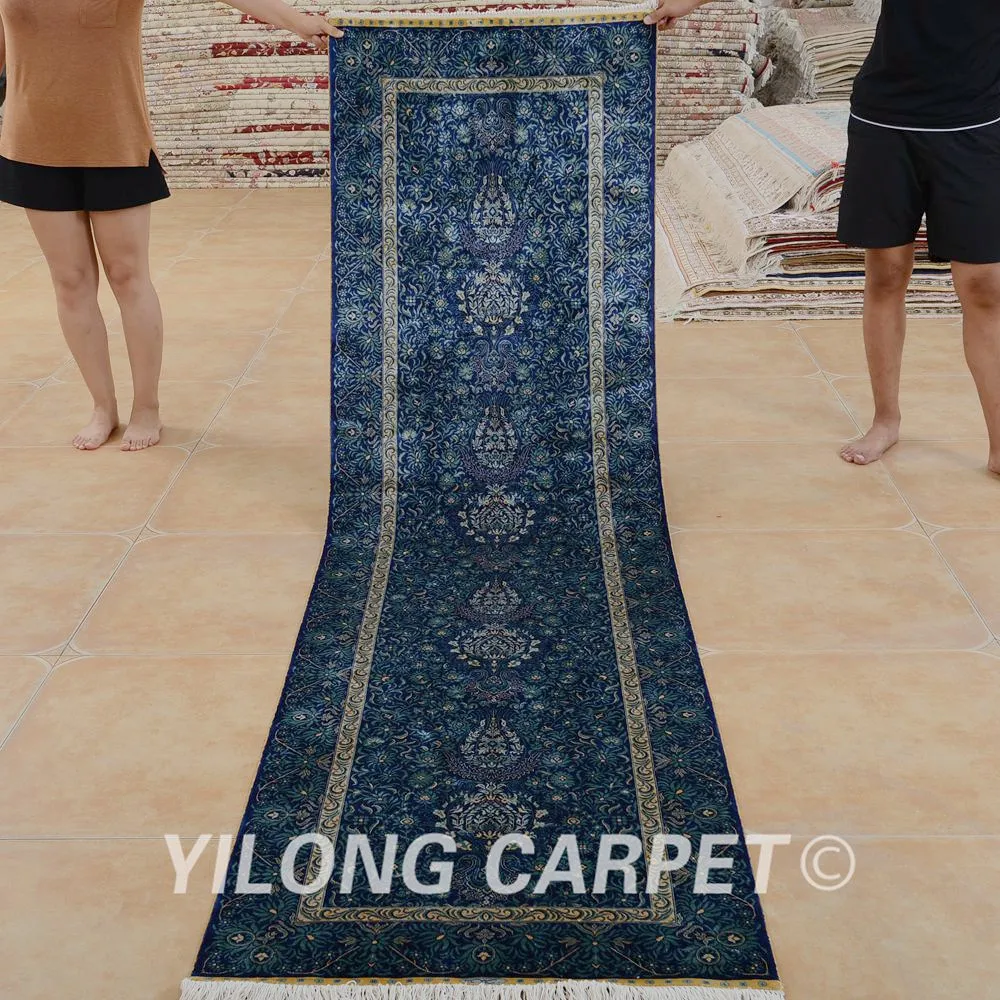 Buy Yilong 2.5'x9' Persian silk carpet runner blue exquisite hand knotted