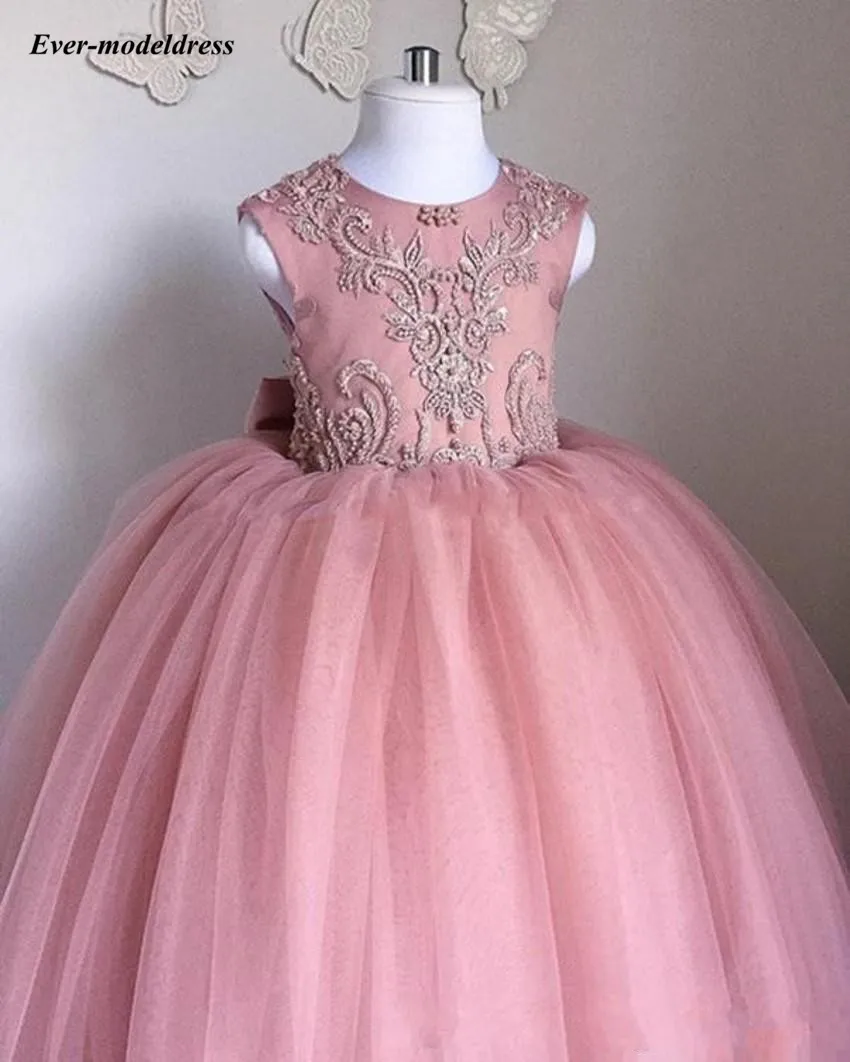 Kaufen Schöne Blume Mädchen Kleider 2020 Oansatz Ballkleid Großen Bogen Appliques Lange Kleine Pageant Kleider Mädchen Erstkommunion Kleider Günstige