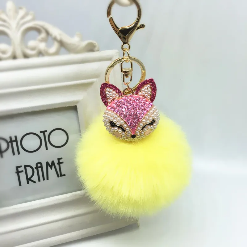 2017 New Artificial Rabbit Fur Ball Keychain Fox For Head Inlay Rhinestone Car Key Chain Handbag