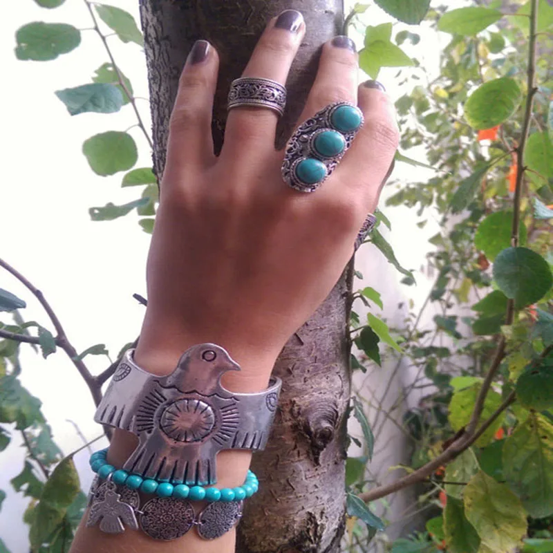 2018 New Personalized Jewelry Vintage Antique Silver Turquoises Ring for Men Tibet Women Finger Ring