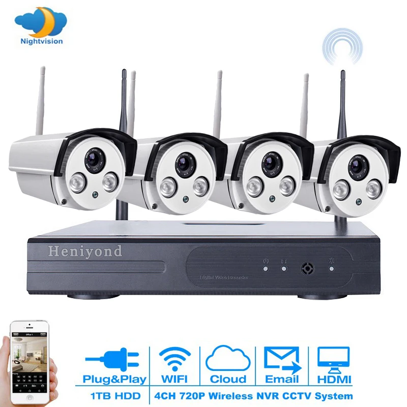 

1MP 4CH CCTV System Wireless 720P NVR kit 4Pcs IP Wifi Cameras Black 3TB HDD Option Outdoor Night Vision Security System
