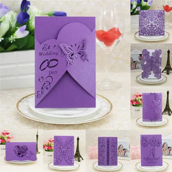 

20pcs Delicate Carved Romantic Wedding Party Invitation Card Purple Envelope Dinner Invitation Cards Laser Cut Place Cards