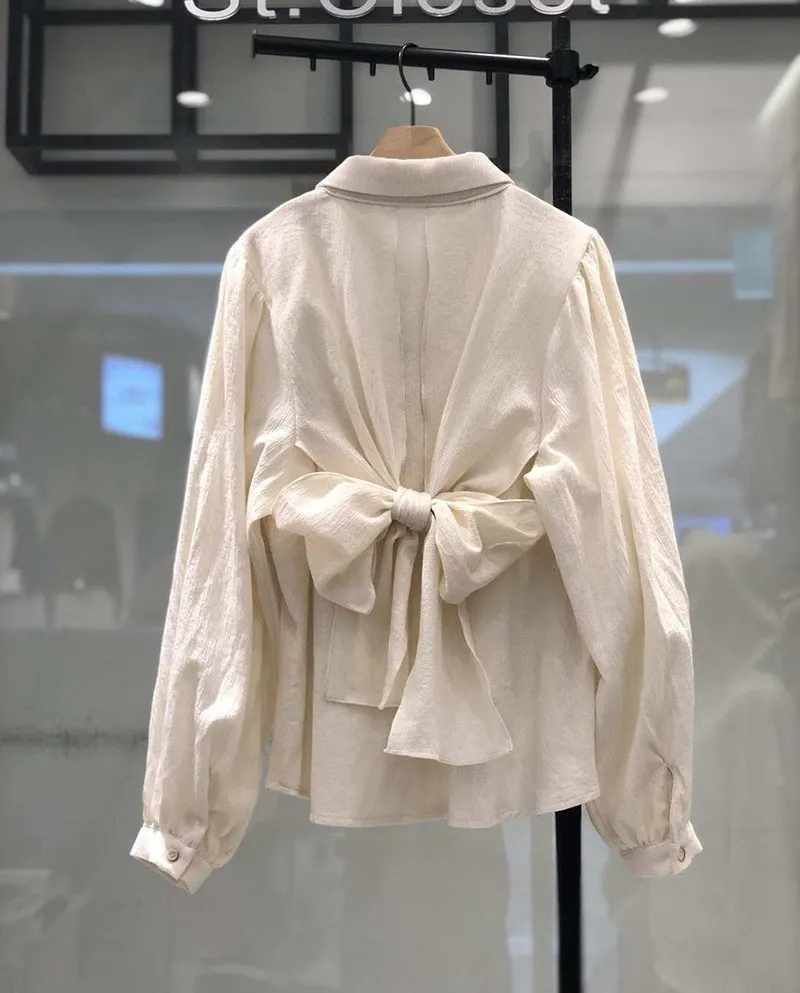 

LANMREM2019 summer new Turn-down Collar Korean Ladies Bow Shirt Women Casual Loose Blouse With Long Sleeves Fashion Tops QJ472