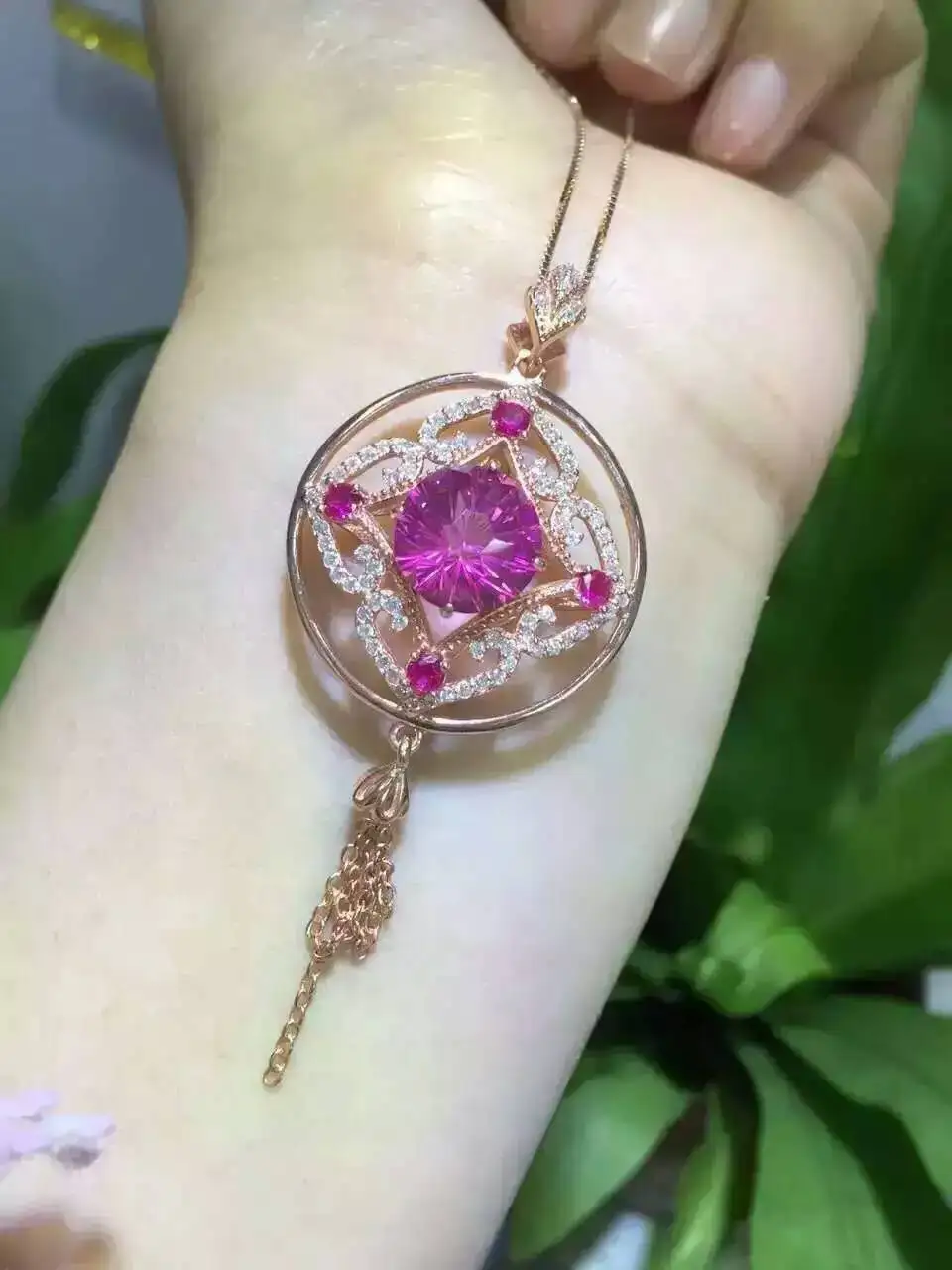 Pendentif topaze rose naturel pendentif pierre précieuse collier S925 argent rétro rond chanceux gl